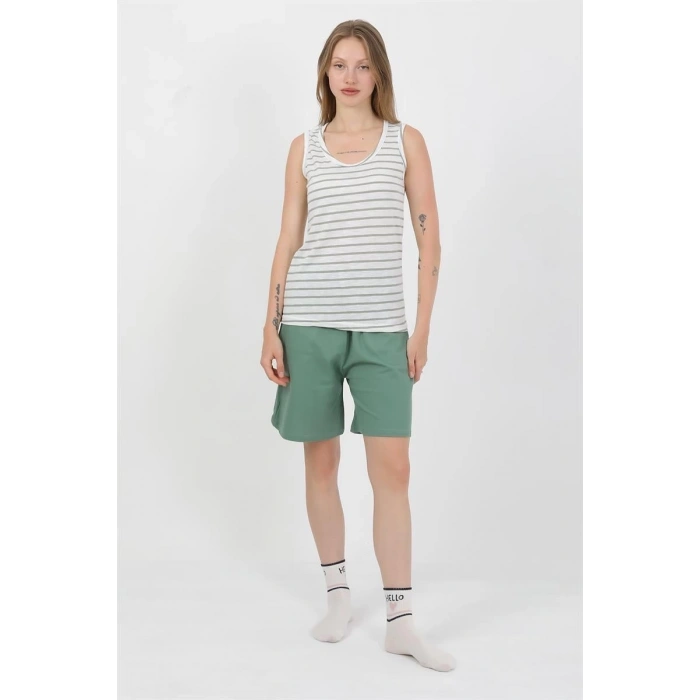 MARSiLYAN- Kadın Kalın Askılı Pamuk Penye Şortlu Takım Yeşil