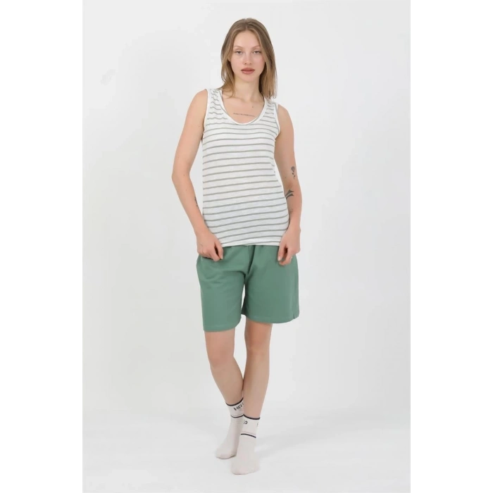 MARSiLYAN- Kadın Kalın Askılı Pamuk Penye Şortlu Takım Yeşil