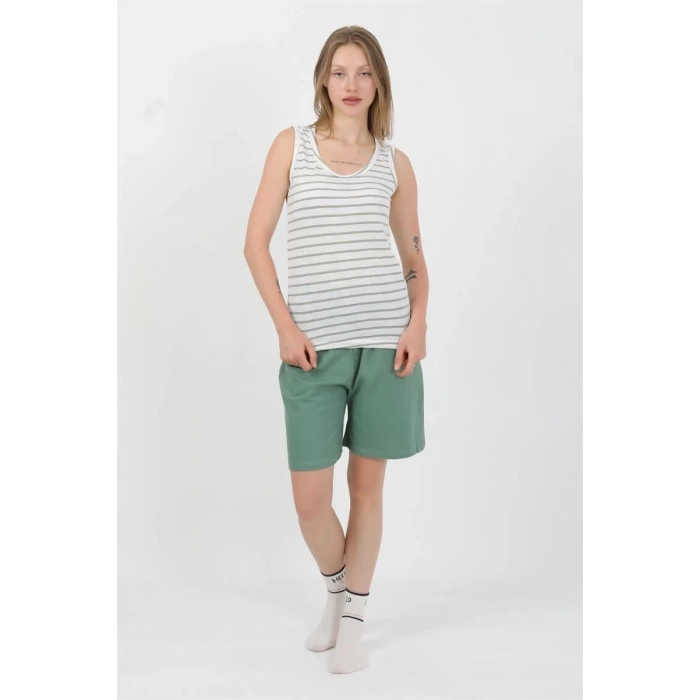 MARSiLYAN- Kadın Kalın Askılı Pamuk Penye Şortlu Takım Yeşil