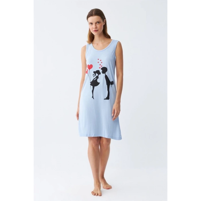 MARSiLYAN- Kadın Kalın Askılı Penye Diz Üstü Mavi Gecelik