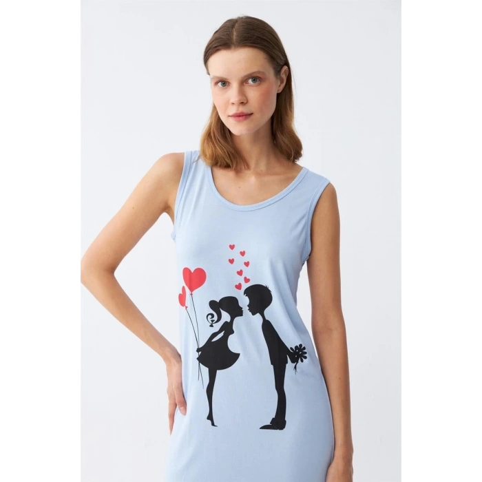 MARSiLYAN- Kadın Kalın Askılı Penye Diz Üstü Mavi Gecelik