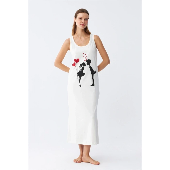 MARSiLYAN- Kadın Kalın Askılı Penye Uzun Ekru Gecelik