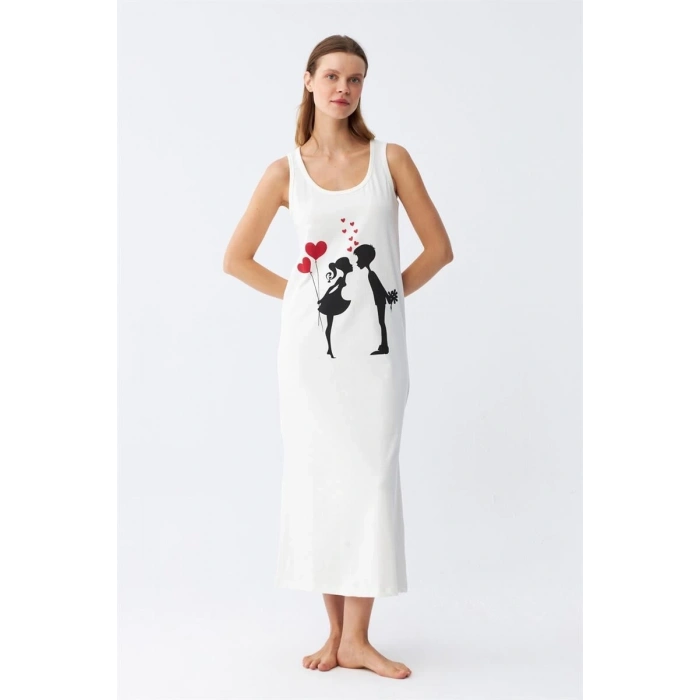 MARSiLYAN- Kadın Kalın Askılı Penye Uzun Ekru Gecelik