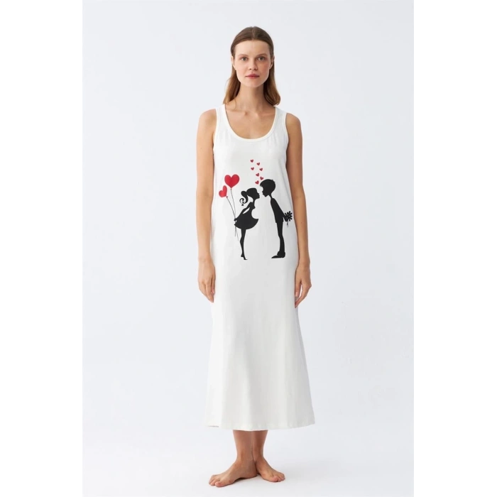 MARSiLYAN- Kadın Kalın Askılı Penye Uzun Ekru Gecelik