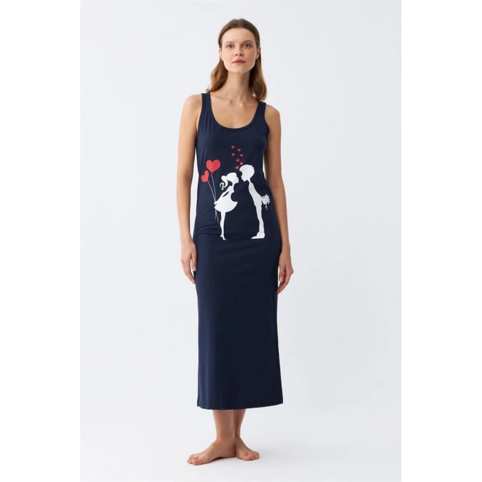 MARSiLYAN- Kadın Kalın Askılı Penye Uzun Lacivert Gecelik