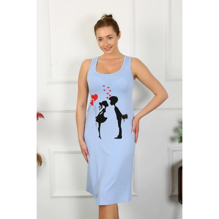 MARSiLYAN- Kadın Kalın Askılı Penye Uzun Mavi Gecelik