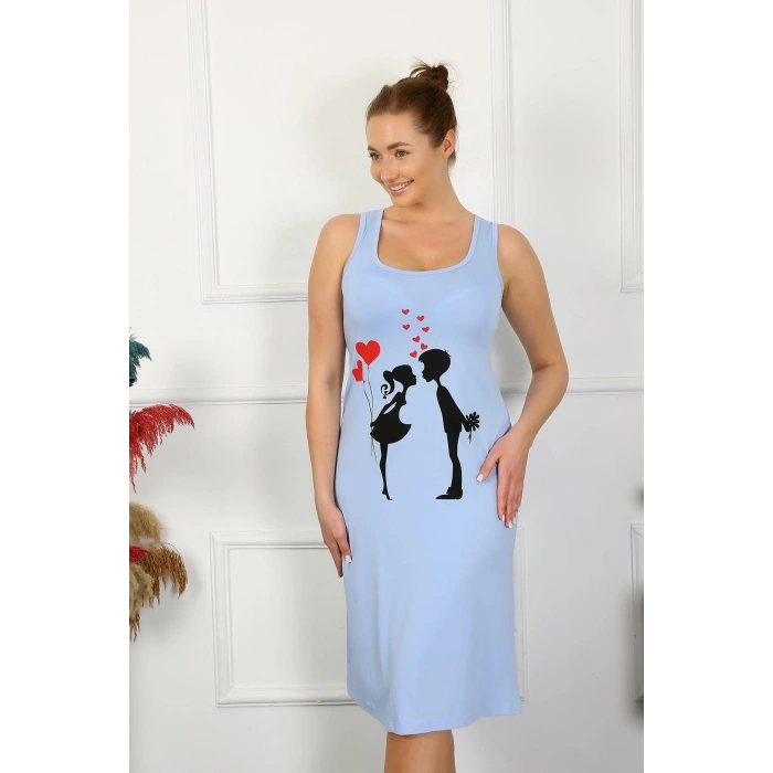 MARSiLYAN- Kadın Kalın Askılı Penye Uzun Mavi Gecelik