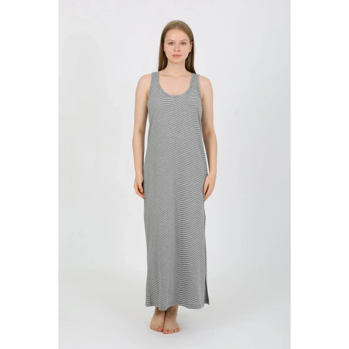 MARSiLYAN- Kadın Kalın Askılı Yırtmaçlı Uzun Gri Gecelik