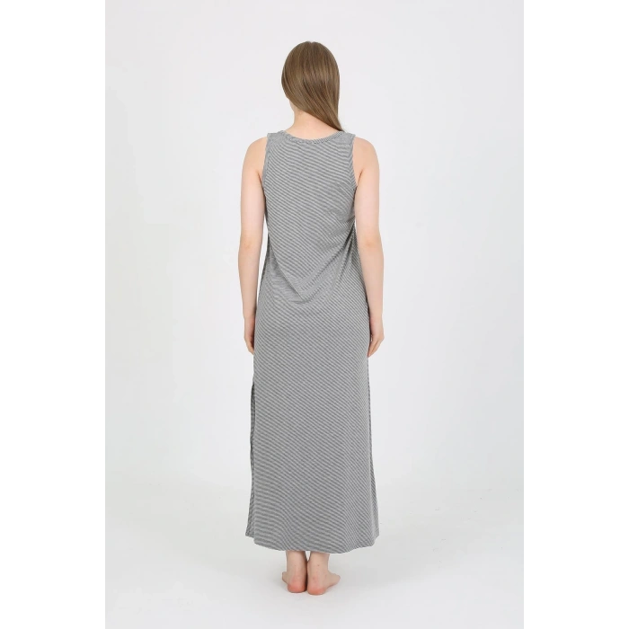 MARSiLYAN- Kadın Kalın Askılı Yırtmaçlı Uzun Gri Gecelik