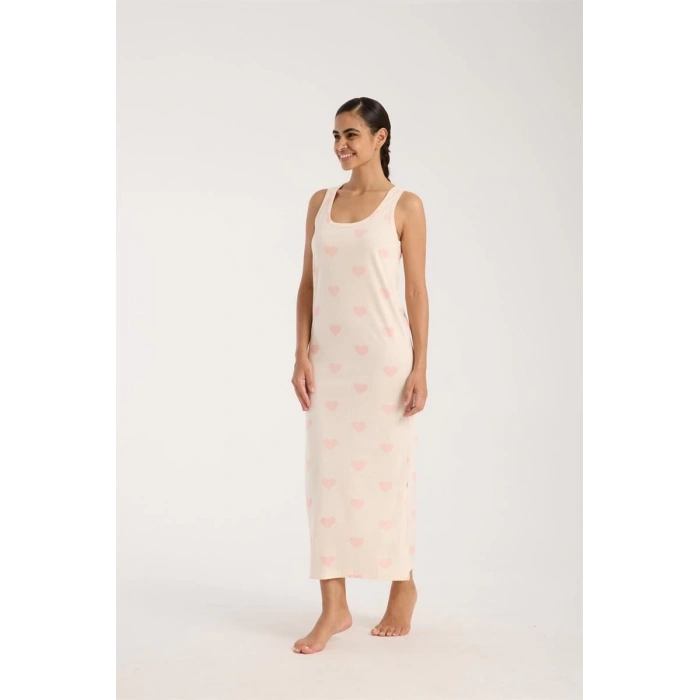 MARSiLYAN- Kadın Kalın Askılı Yırtmaçlı Uzun Pudra Gecelik