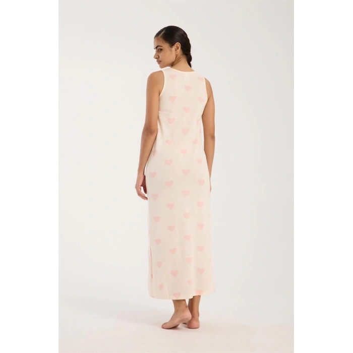 MARSiLYAN- Kadın Kalın Askılı Yırtmaçlı Uzun Pudra Gecelik