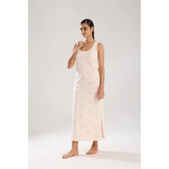 MARSiLYAN- Kadın Kalın Askılı Yırtmaçlı Uzun Pudra Gecelik