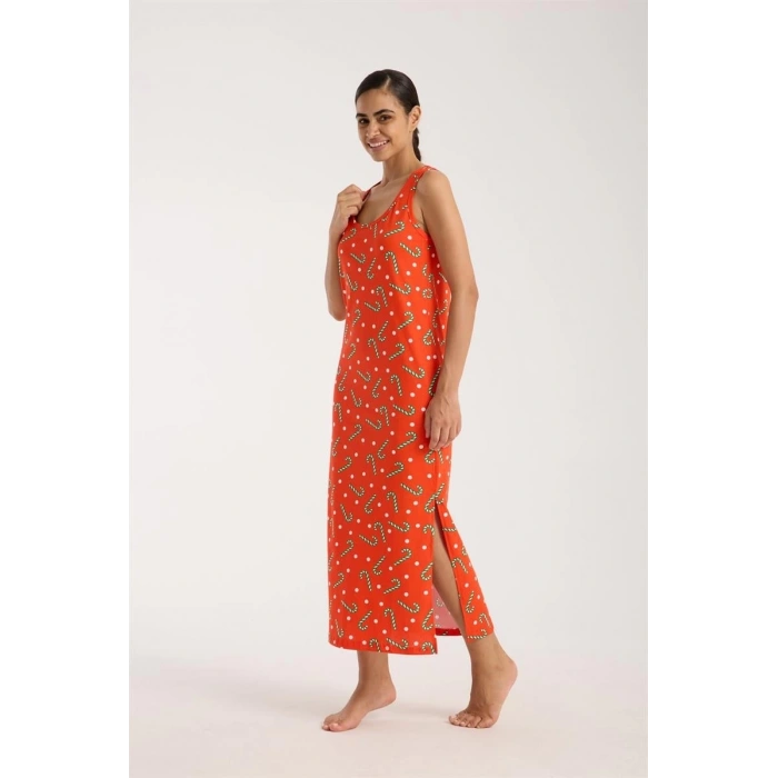 MARSiLYAN- Kadın Kalın Askılı Yırtmaçlı Uzun Turuncu Gecelik