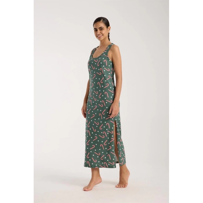 MARSiLYAN- Kadın Kalın Askılı Yırtmaçlı Uzun Yeşil Gecelik