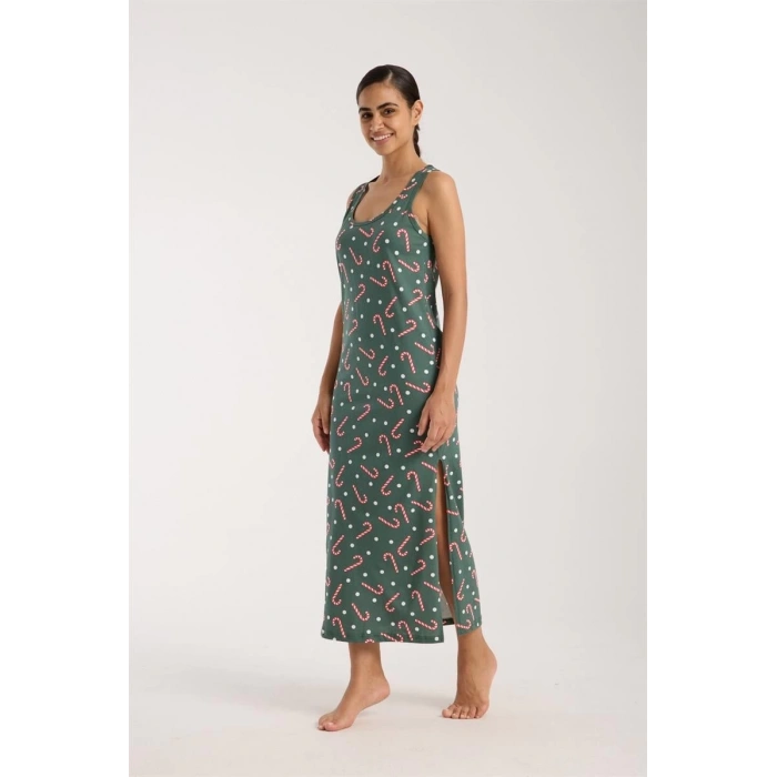 MARSiLYAN- Kadın Kalın Askılı Yırtmaçlı Uzun Yeşil Gecelik