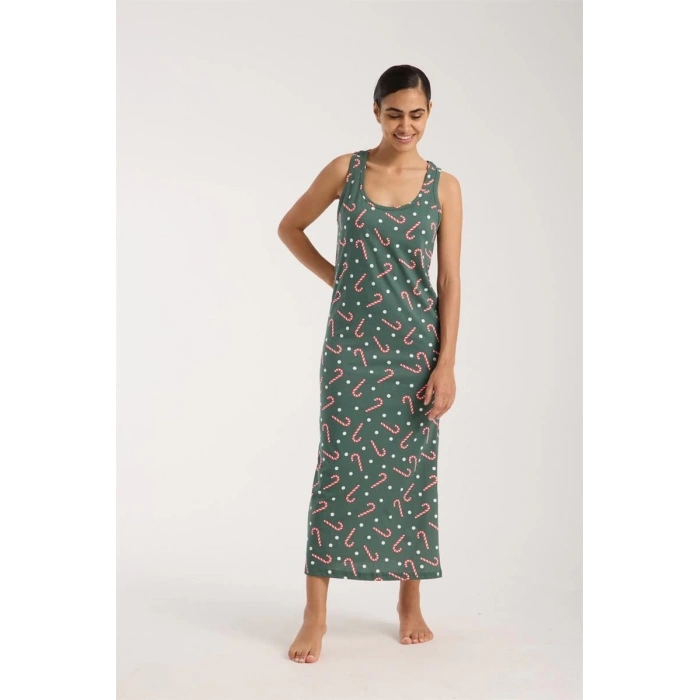 MARSiLYAN- Kadın Kalın Askılı Yırtmaçlı Uzun Yeşil Gecelik