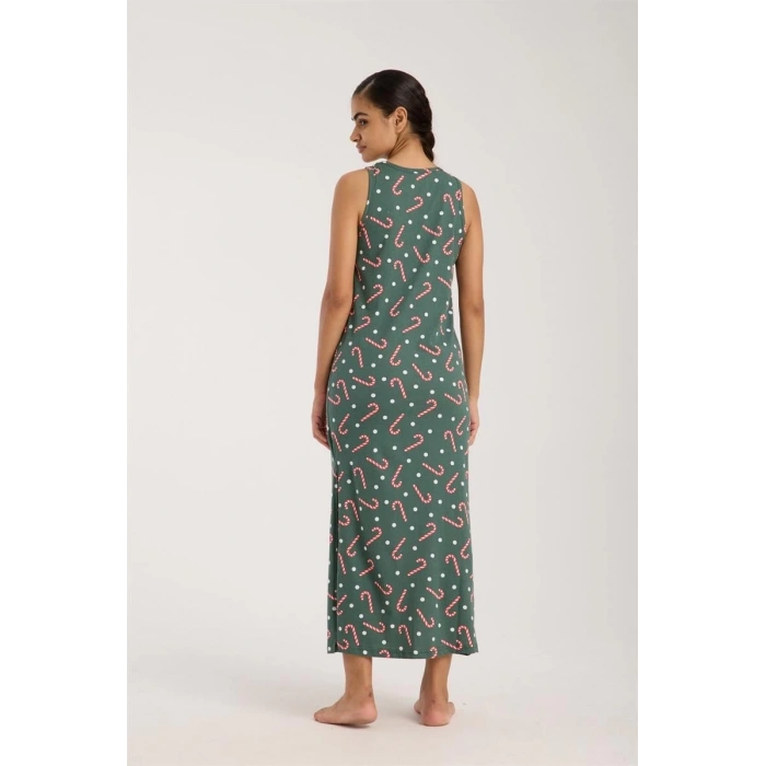 MARSiLYAN- Kadın Kalın Askılı Yırtmaçlı Uzun Yeşil Gecelik