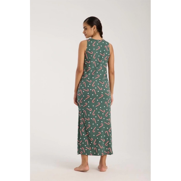 MARSiLYAN- Kadın Kalın Askılı Yırtmaçlı Uzun Yeşil Gecelik