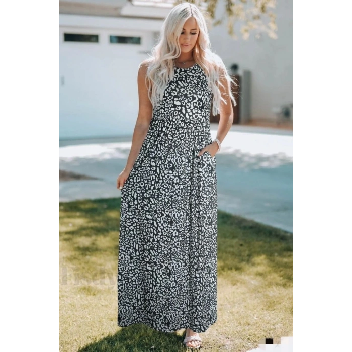 MARSiLYAN- Kadın Kalın Askılı Yuvarlak Yaka Cepli Süprem Maksi Elbise