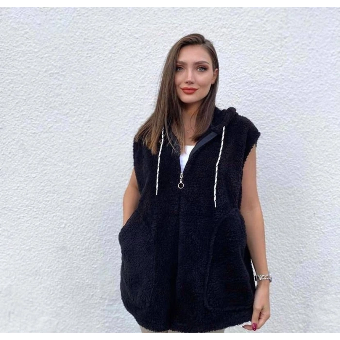 MARSiLYAN- Kadın Kapüşon Ve Fermuar Detay Welsoft Kolsuz Yelek