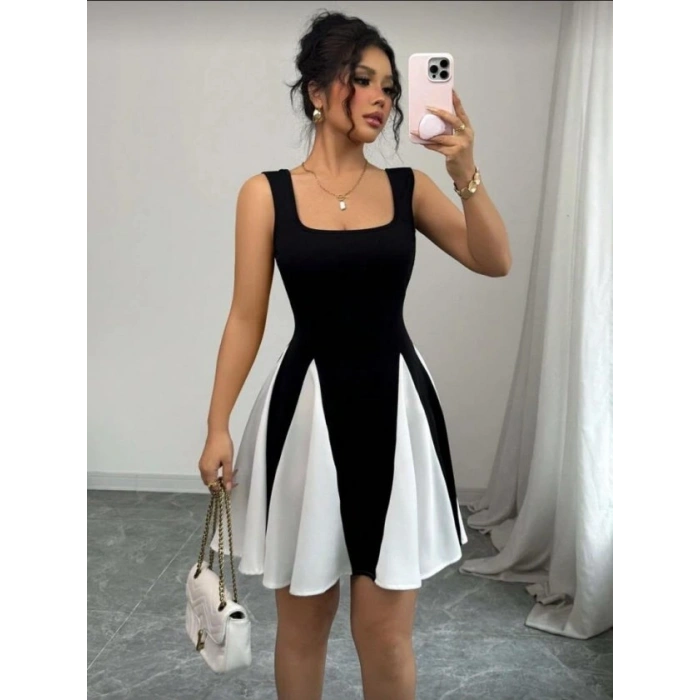 MARSiLYAN- Kadın Kare Yaka çift Renk çan Etek Detay Mini Elbise