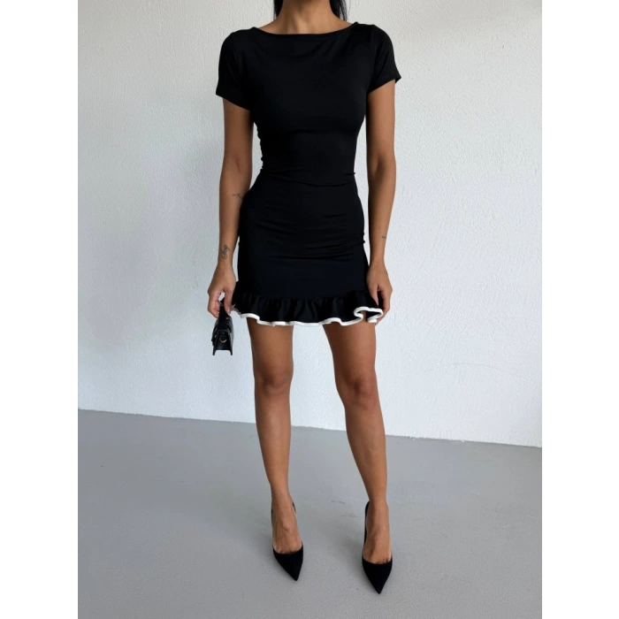 MARSiLYAN- Kadın Kayık Yaka Kısa Kollu Eteği Olan Detay Dalgıç Kumaş Mini Elbise