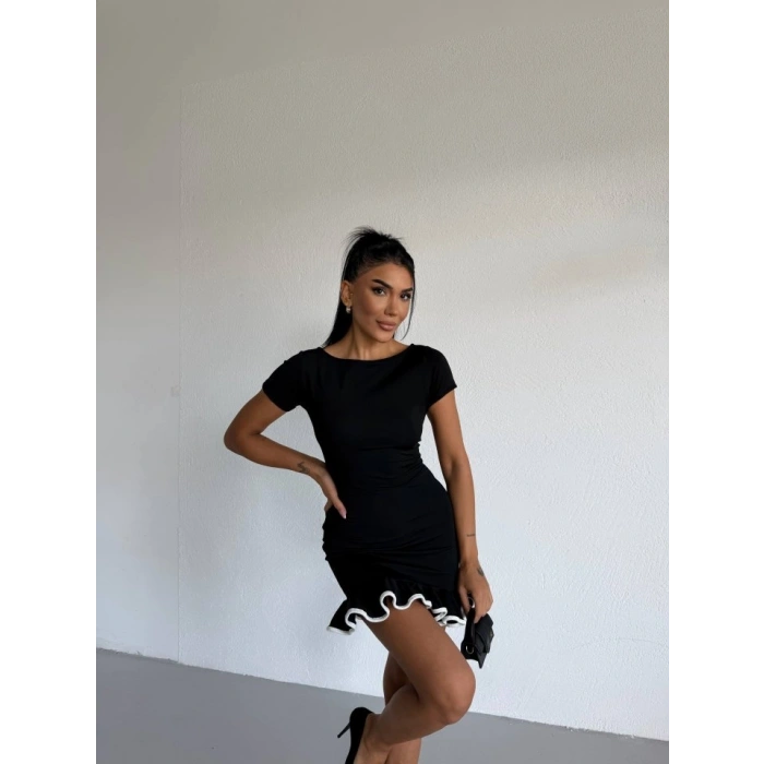 MARSiLYAN- Kadın Kayık Yaka Kısa Kollu Eteği Olan Detay Dalgıç Kumaş Mini Elbise