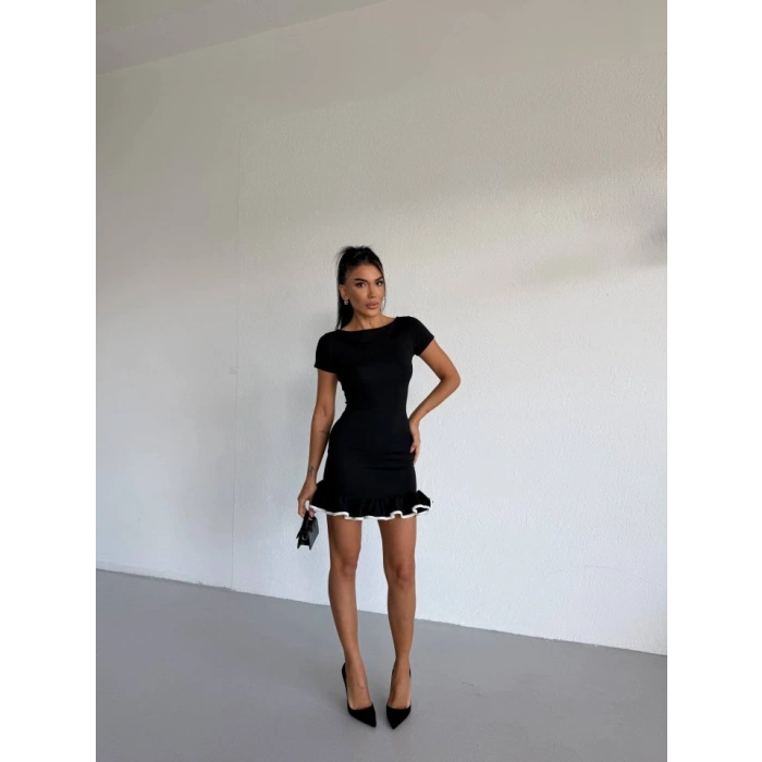 MARSiLYAN- Kadın Kayık Yaka Kısa Kollu Eteği Olan Detay Dalgıç Kumaş Mini Elbise