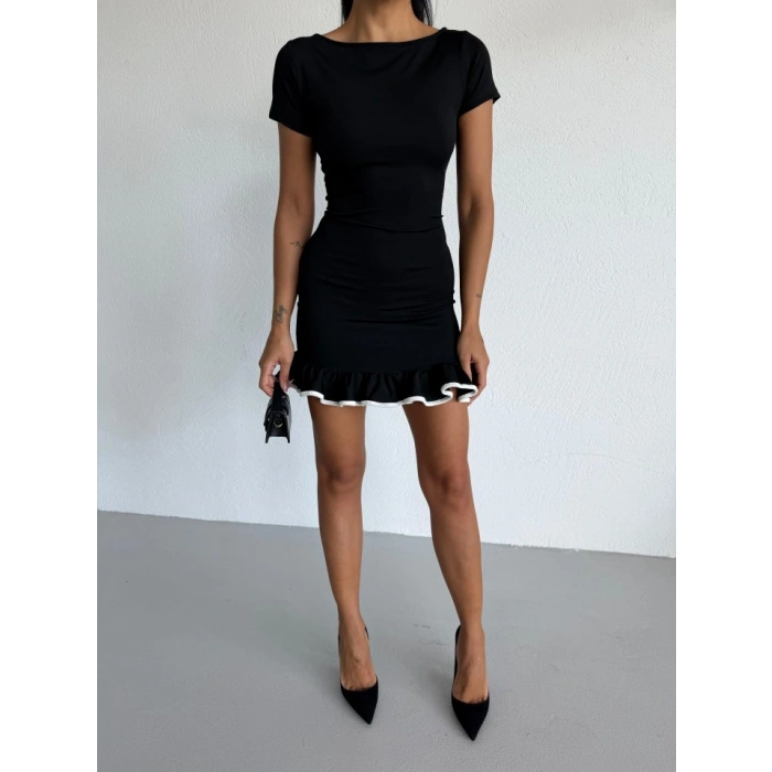 MARSiLYAN- Kadın Kayık Yaka Kısa Kollu Eteği Olan Detay Dalgıç Kumaş Mini Elbise