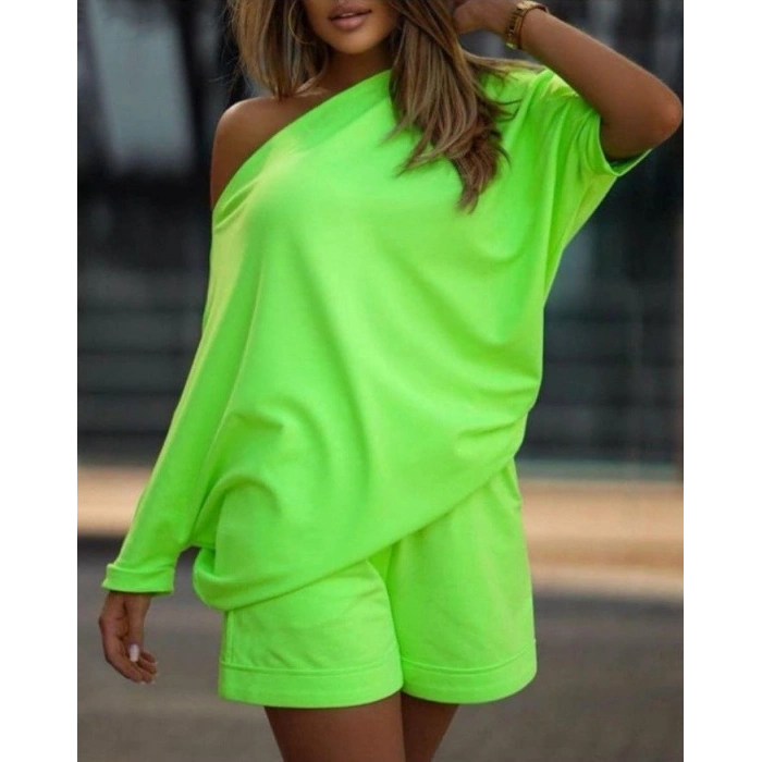 MARSiLYAN- Kadın Kayık Yaka Salaş Iki Iplik Bluz Ve şort Ikili Takım