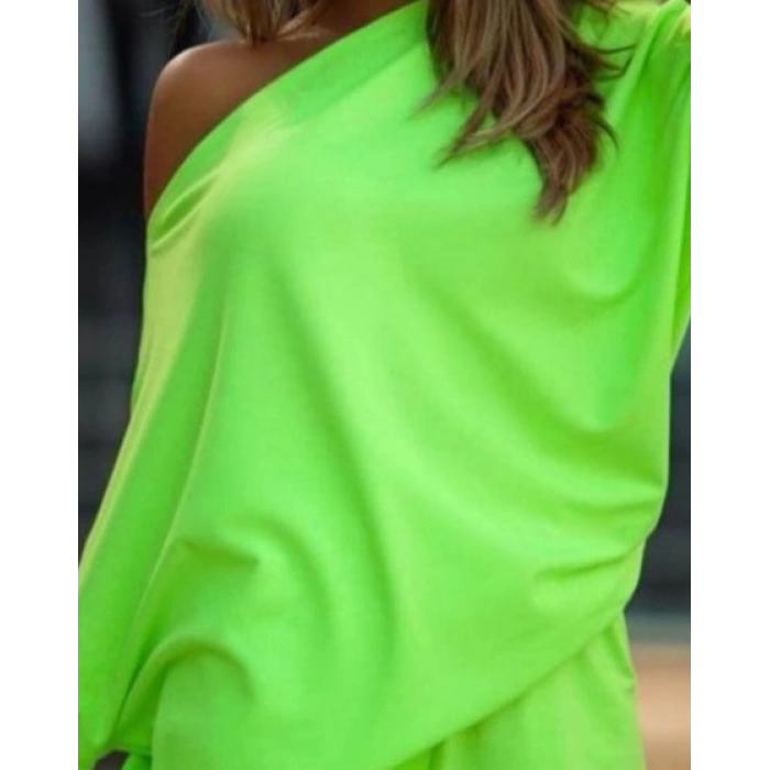 MARSiLYAN- Kadın Kayık Yaka Salaş Iki Iplik Bluz Ve şort Ikili Takım