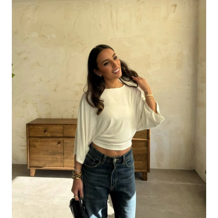 MARSiLYAN- Kadın Kayık Yaka Yarasa Kol Dökümlü Kısa Bluz