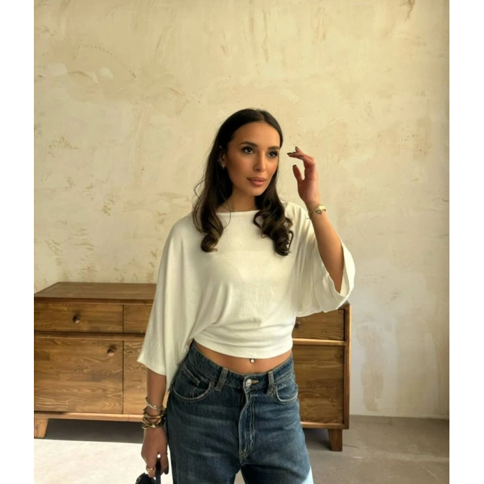 MARSiLYAN- Kadın Kayık Yaka Yarasa Kol Dökümlü Kısa Bluz