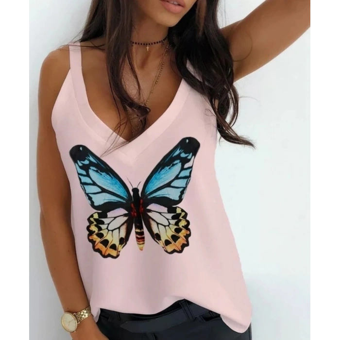 MARSiLYAN- Kadın Kelebek Baskılı Sandy Kumaş Askılı Bluz