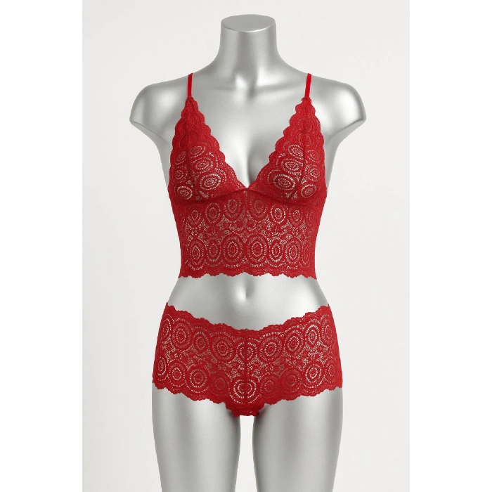 MARSiLYAN- Kadın Kırmızı Dantel Bralet Şort Takımı – Tutkulu ve Çekici İç Giyim