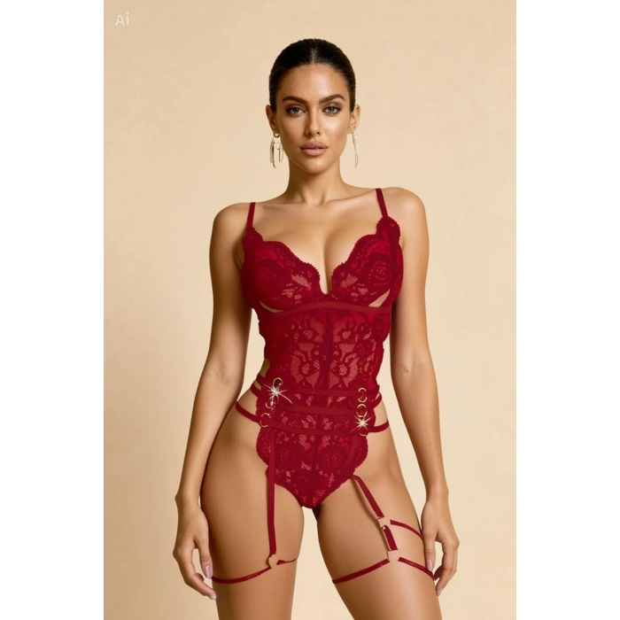 MARSiLYAN- Kadın Kırmızı Dantel İşlemeli Body Formlu Jartiyer Takımı Premium İç Giyim