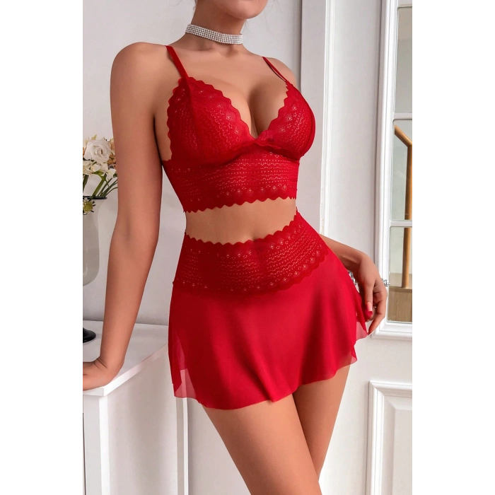 MARSiLYAN- Kadın Kırmızı Dantel ve Tül Detaylı Etekli Şık Gecelik Takımı