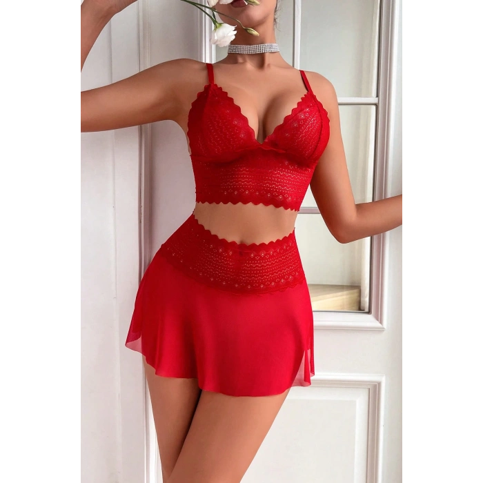 MARSiLYAN- Kadın Kırmızı Dantel ve Tül Detaylı Etekli Şık Gecelik Takımı