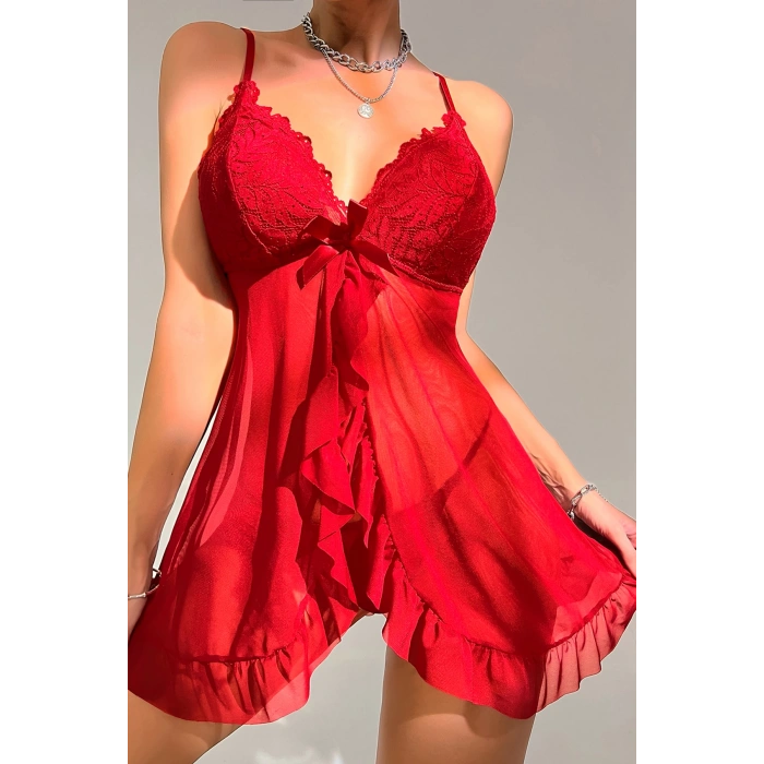 MARSiLYAN- Kadın Kırmızı Dantelli, Fırfırlı Tül ve Fiyonk Detaylı Tangalı Gecelik Takımı