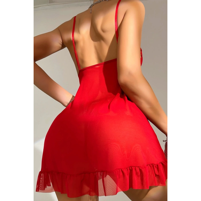 MARSiLYAN- Kadın Kırmızı Dantelli, Fırfırlı Tül ve Fiyonk Detaylı Tangalı Gecelik Takımı