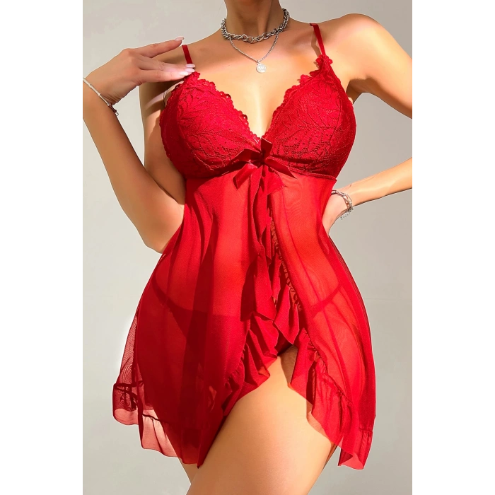 MARSiLYAN- Kadın Kırmızı Dantelli, Fırfırlı Tül ve Fiyonk Detaylı Tangalı Gecelik Takımı