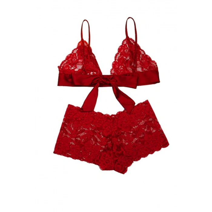 MARSiLYAN- Kadın Kırmızı Dantelli & Kurdelalı Sütyen Külot Takımı