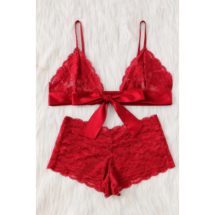 MARSiLYAN- Kadın Kırmızı Dantelli & Kurdelalı Sütyen Külot Takımı