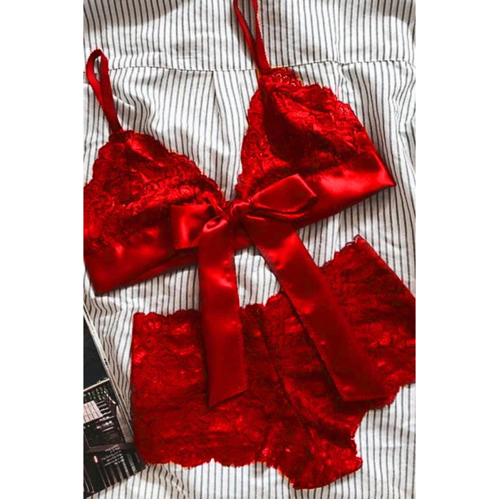 MARSiLYAN- Kadın Kırmızı Dantelli & Kurdelalı Sütyen Külot Takımı
