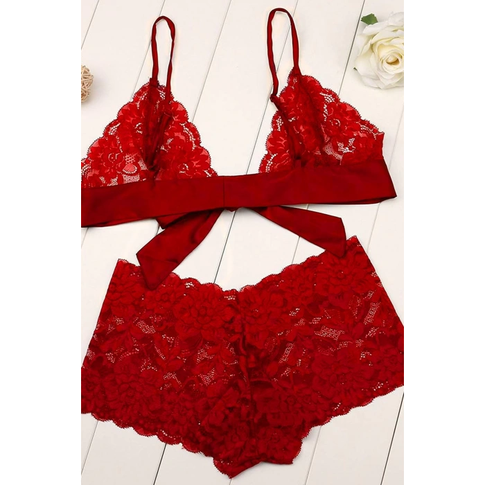 MARSiLYAN- Kadın Kırmızı Dantelli & Kurdelalı Sütyen Külot Takımı