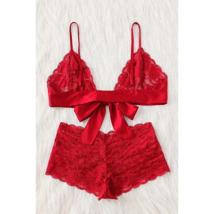 MARSiLYAN- Kadın Kırmızı Dantelli & Kurdelalı Sütyen Külot Takımı