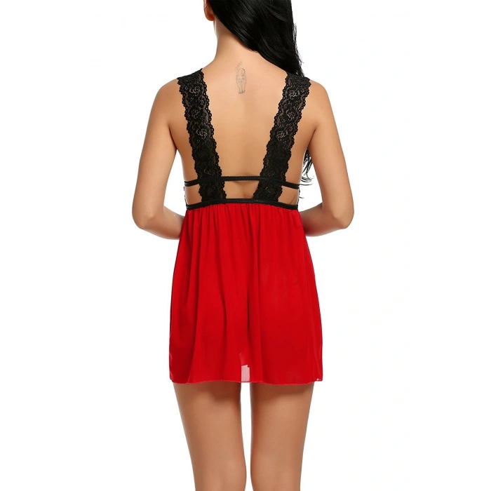 MARSiLYAN- Kadın Kırmızı Dantelli Sırtı Açık Gecelik