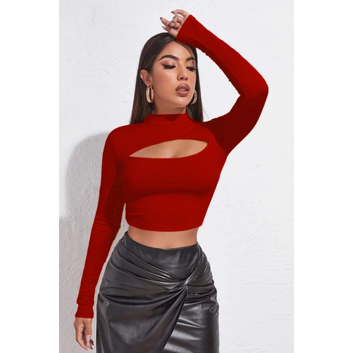 MARSiLYAN- Kadın Kırmızı Göğüs Dekolteli Uzun Kollu Cut Out Crop Top Bluz