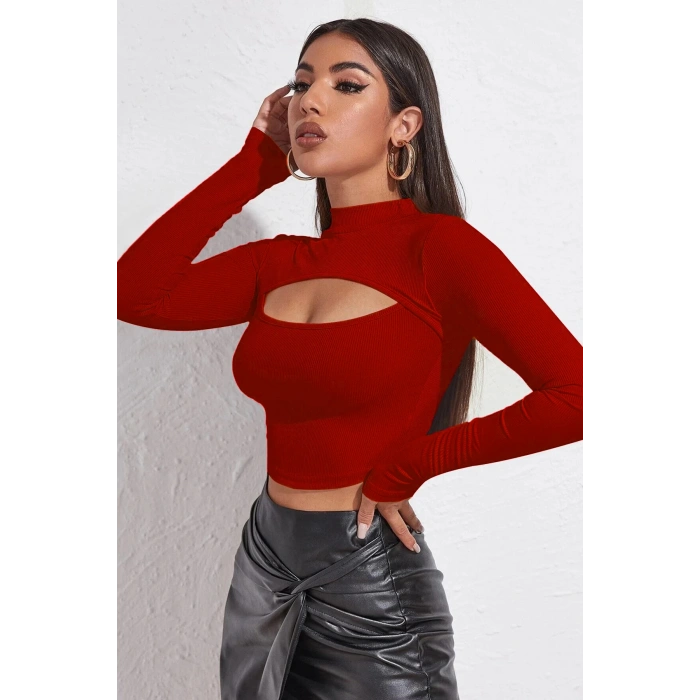 MARSiLYAN- Kadın Kırmızı Göğüs Dekolteli Uzun Kollu Cut Out Crop Top Bluz