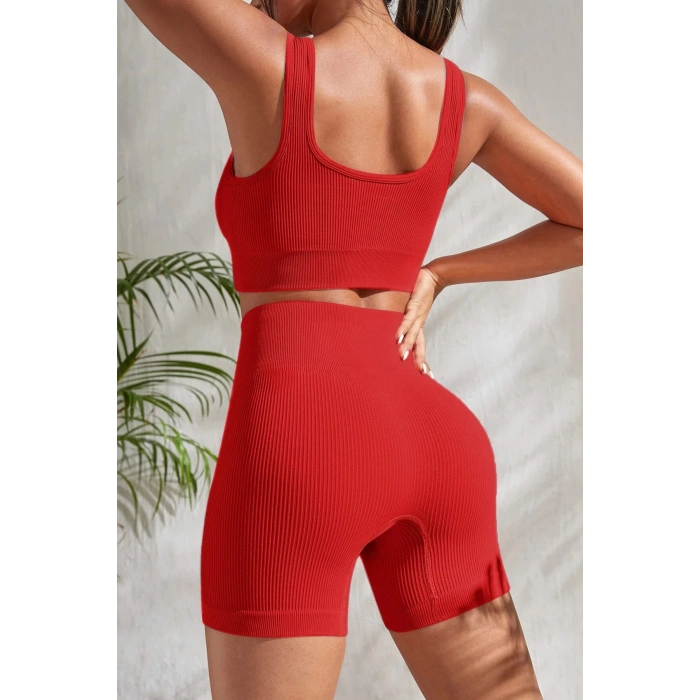 MARSiLYAN- Kadın Kırmızı Kalın Askılı Yüksek Bel Şortlu Gecelik Takımı